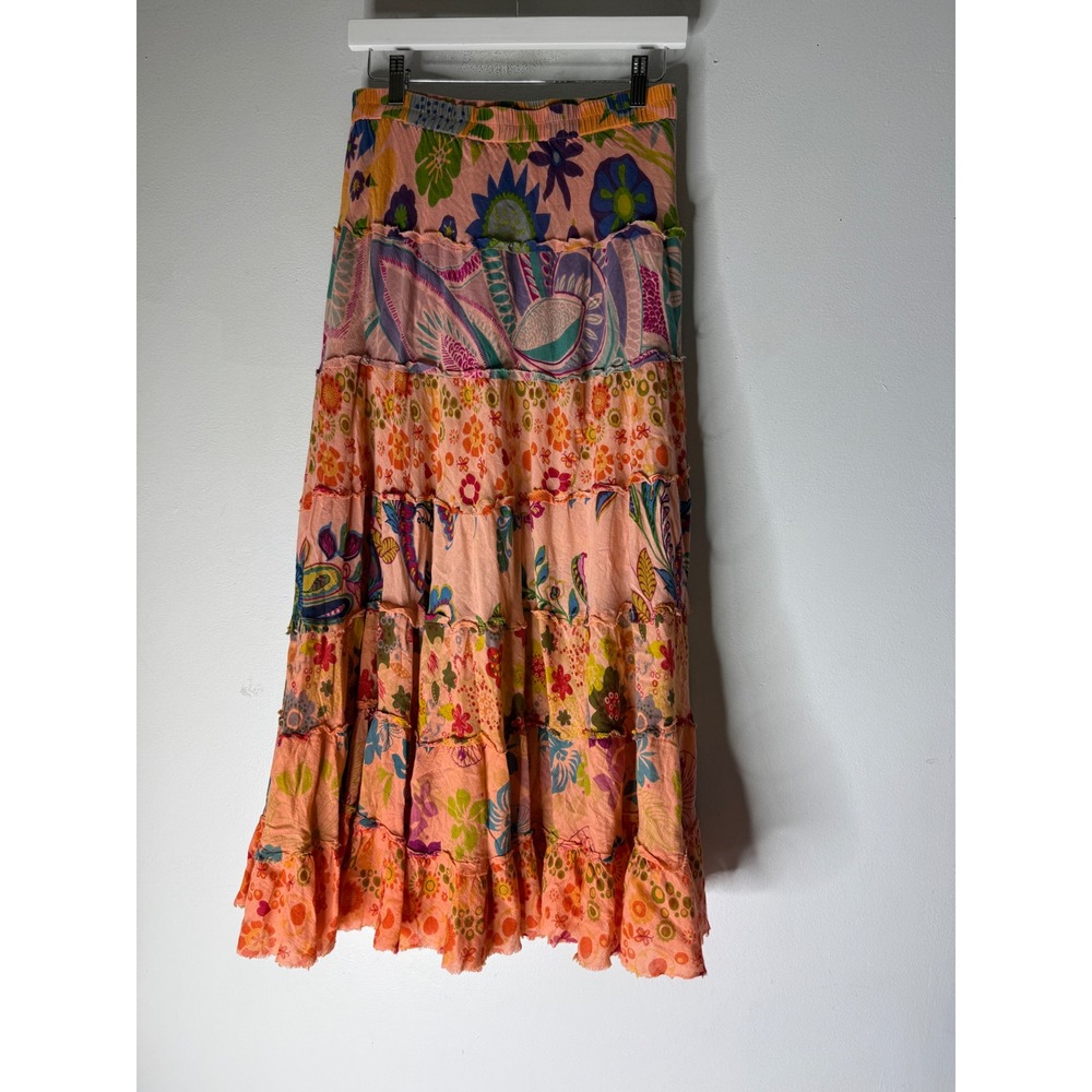 Boho Floral Paisley Tiered Maxi Skirt Orange Pink Ruffle Hem Festival Skirt s